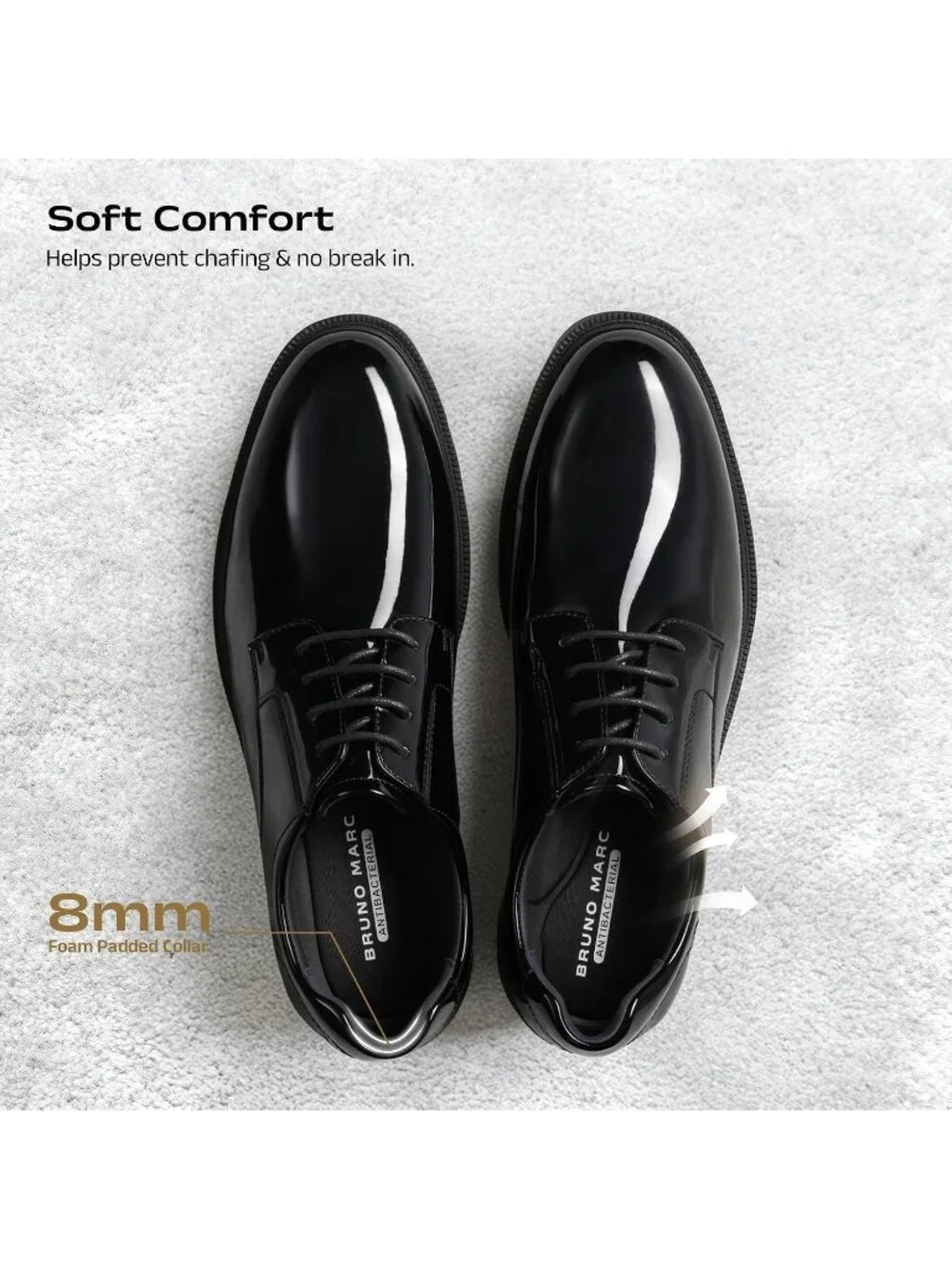 Men's Black Shiny Leather Anti-Slip Grooved Plain Toe Derby Tuxedo Dress Shoes